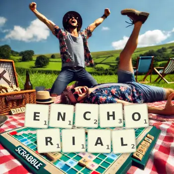 Creative illustration for a Scrabble game with the word ENCHORIAL spelled out in tiles on the board.