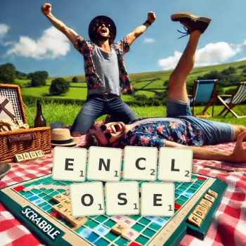 Creative illustration for a Scrabble game with the word ENCLOSE spelled out in tiles on the board.