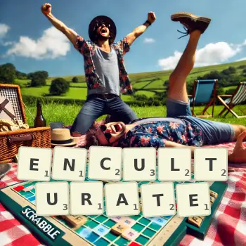 Creative illustration for a Scrabble game with the word ENCULTURATE spelled out in tiles on the board.
