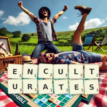 Creative illustration for a Scrabble game with the word ENCULTURATES spelled out in tiles on the board.