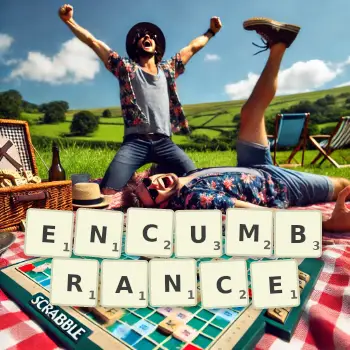 Creative illustration for a Scrabble game with the word ENCUMBRANCE spelled out in tiles on the board.