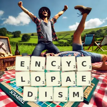 Creative illustration for a Scrabble game with the word ENCYCLOPAEDISM spelled out in tiles on the board.