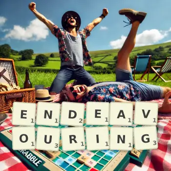 Creative illustration for a Scrabble game with the word ENDEAVOURING spelled out in tiles on the board.