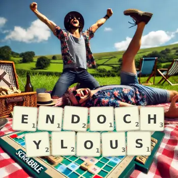 Creative illustration for a Scrabble game with the word ENDOCHYLOUS spelled out in tiles on the board.