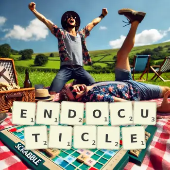 Creative illustration for a Scrabble game with the word ENDOCUTICLE spelled out in tiles on the board.