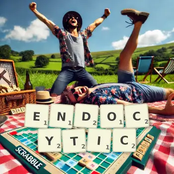 Creative illustration for a Scrabble game with the word ENDOCYTIC spelled out in tiles on the board.