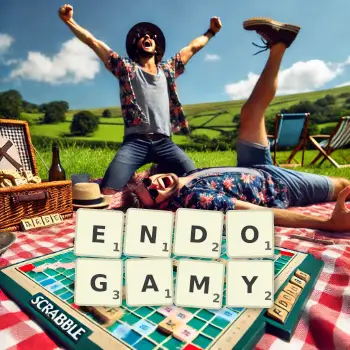 Creative illustration for a Scrabble game with the word ENDOGAMY spelled out in tiles on the board.