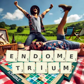 Creative illustration for a Scrabble game with the word ENDOMETRIUM spelled out in tiles on the board.