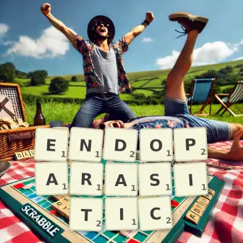Creative illustration for a Scrabble game with the word ENDOPARASITIC spelled out in tiles on the board.