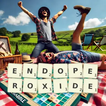 Creative illustration for a Scrabble game with the word ENDOPEROXIDE spelled out in tiles on the board.