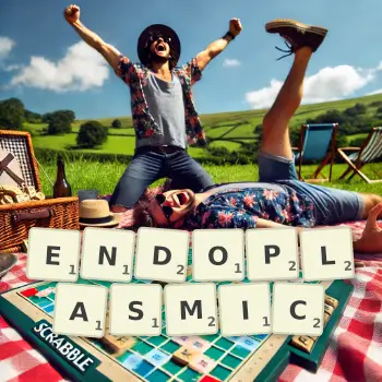 Creative illustration for a Scrabble game with the word ENDOPLASMIC spelled out in tiles on the board.