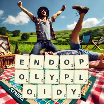 Creative illustration for a Scrabble game with the word ENDOPOLYPLOIDY spelled out in tiles on the board.