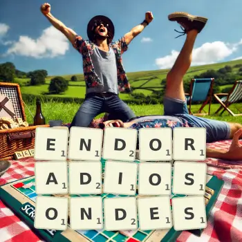 Creative illustration for a Scrabble game with the word ENDORADIOSONDES spelled out in tiles on the board.
