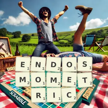 Creative illustration for a Scrabble game with the word ENDOSMOMETRIC spelled out in tiles on the board.