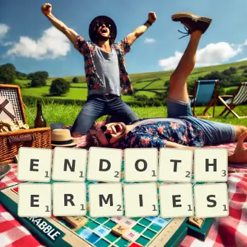 Creative illustration for a Scrabble game with the word ENDOTHERMIES spelled out in tiles on the board.