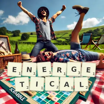 Creative illustration for a Scrabble game with the word ENERGETICAL spelled out in tiles on the board.