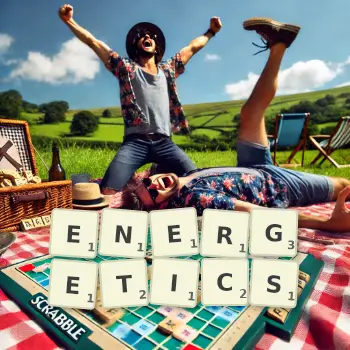 Creative illustration for a Scrabble game with the word ENERGETICS spelled out in tiles on the board.