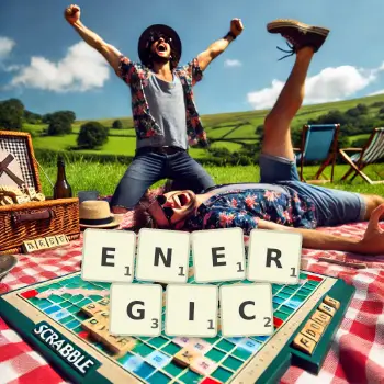 Creative illustration for a Scrabble game with the word ENERGIC spelled out in tiles on the board.