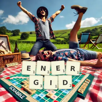 Creative illustration for a Scrabble game with the word ENERGID spelled out in tiles on the board.