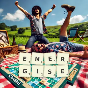 Creative illustration for a Scrabble game with the word ENERGISE spelled out in tiles on the board.