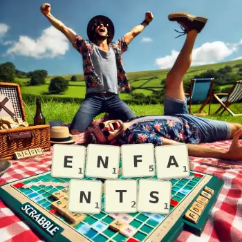 Creative illustration for a Scrabble game with the word ENFANTS spelled out in tiles on the board.