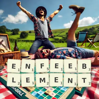 Creative illustration for a Scrabble game with the word ENFEEBLEMENT spelled out in tiles on the board.