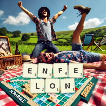Creative illustration for a Scrabble game with the word ENFELON spelled out in tiles on the board.