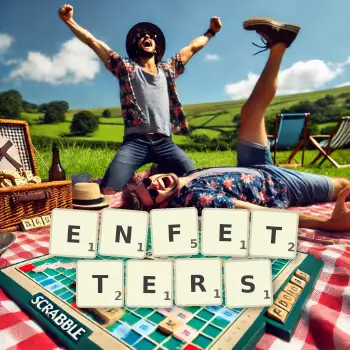 Creative illustration for a Scrabble game with the word ENFETTERS spelled out in tiles on the board.