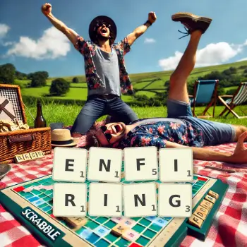Creative illustration for a Scrabble game with the word ENFIRING spelled out in tiles on the board.