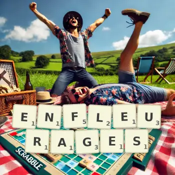 Creative illustration for a Scrabble game with the word ENFLEURAGES spelled out in tiles on the board.