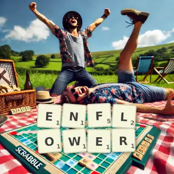Creative illustration for a Scrabble game with the word ENFLOWER spelled out in tiles on the board.