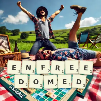 Creative illustration for a Scrabble game with the word ENFREEDOMED spelled out in tiles on the board.
