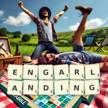 Creative illustration for a Scrabble game with the word ENGARLANDING spelled out in tiles on the board.