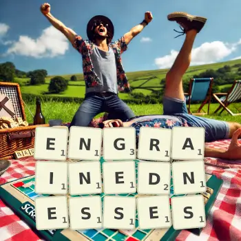 Creative illustration for a Scrabble game with the word ENGRAINEDNESSES spelled out in tiles on the board.