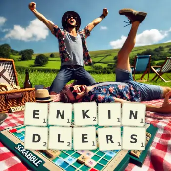 Creative illustration for a Scrabble game with the word ENKINDLERS spelled out in tiles on the board.