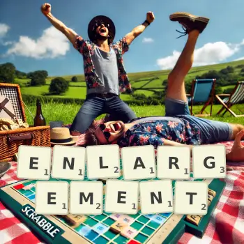Creative illustration for a Scrabble game with the word ENLARGEMENT spelled out in tiles on the board.
