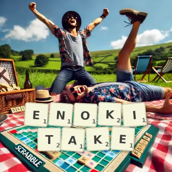 Creative illustration for a Scrabble game with the word ENOKITAKE spelled out in tiles on the board.