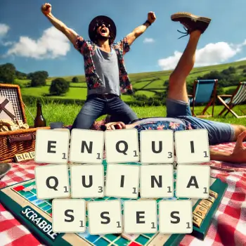 Creative illustration for a Scrabble game with the word ENQUIQUINASSES spelled out in tiles on the board.
