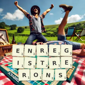 Creative illustration for a Scrabble game with the word ENREGISTRERONS spelled out in tiles on the board.