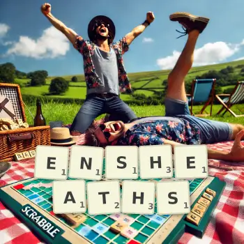 Creative illustration for a Scrabble game with the word ENSHEATHS spelled out in tiles on the board.