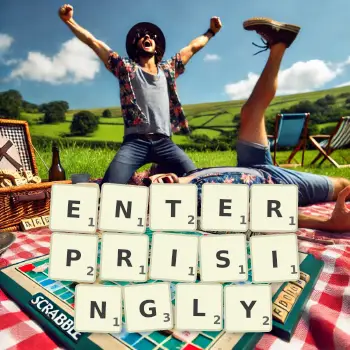 Creative illustration for a Scrabble game with the word ENTERPRISINGLY spelled out in tiles on the board.