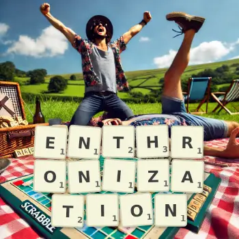 Creative illustration for a Scrabble game with the word ENTHRONIZATION spelled out in tiles on the board.