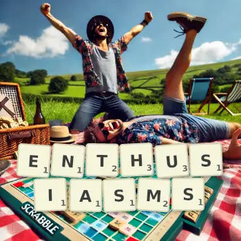 Creative illustration for a Scrabble game with the word ENTHUSIASMS spelled out in tiles on the board.