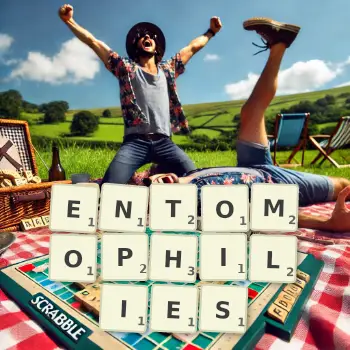 Creative illustration for a Scrabble game with the word ENTOMOPHILIES spelled out in tiles on the board.