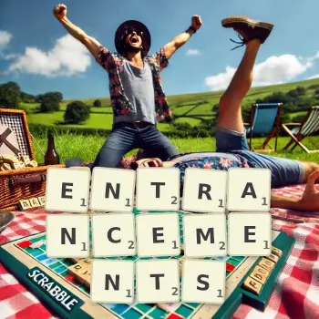 Creative illustration for a Scrabble game with the word ENTRANCEMENTS spelled out in tiles on the board.