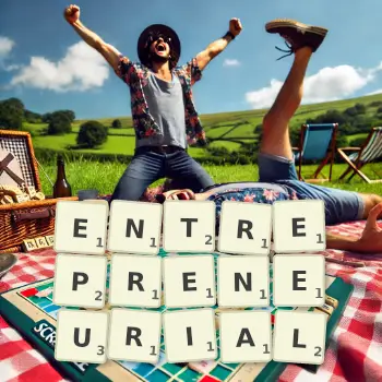 Creative illustration for a Scrabble game with the word ENTREPRENEURIAL spelled out in tiles on the board.