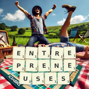 Creative illustration for a Scrabble game with the word ENTREPRENEUSES spelled out in tiles on the board.