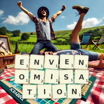 Creative illustration for a Scrabble game with the word ENVENOMISATION spelled out in tiles on the board.