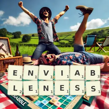 Creative illustration for a Scrabble game with the word ENVIABLENESS spelled out in tiles on the board.