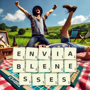 Creative illustration for a Scrabble game with the word ENVIABLENESSES spelled out in tiles on the board.